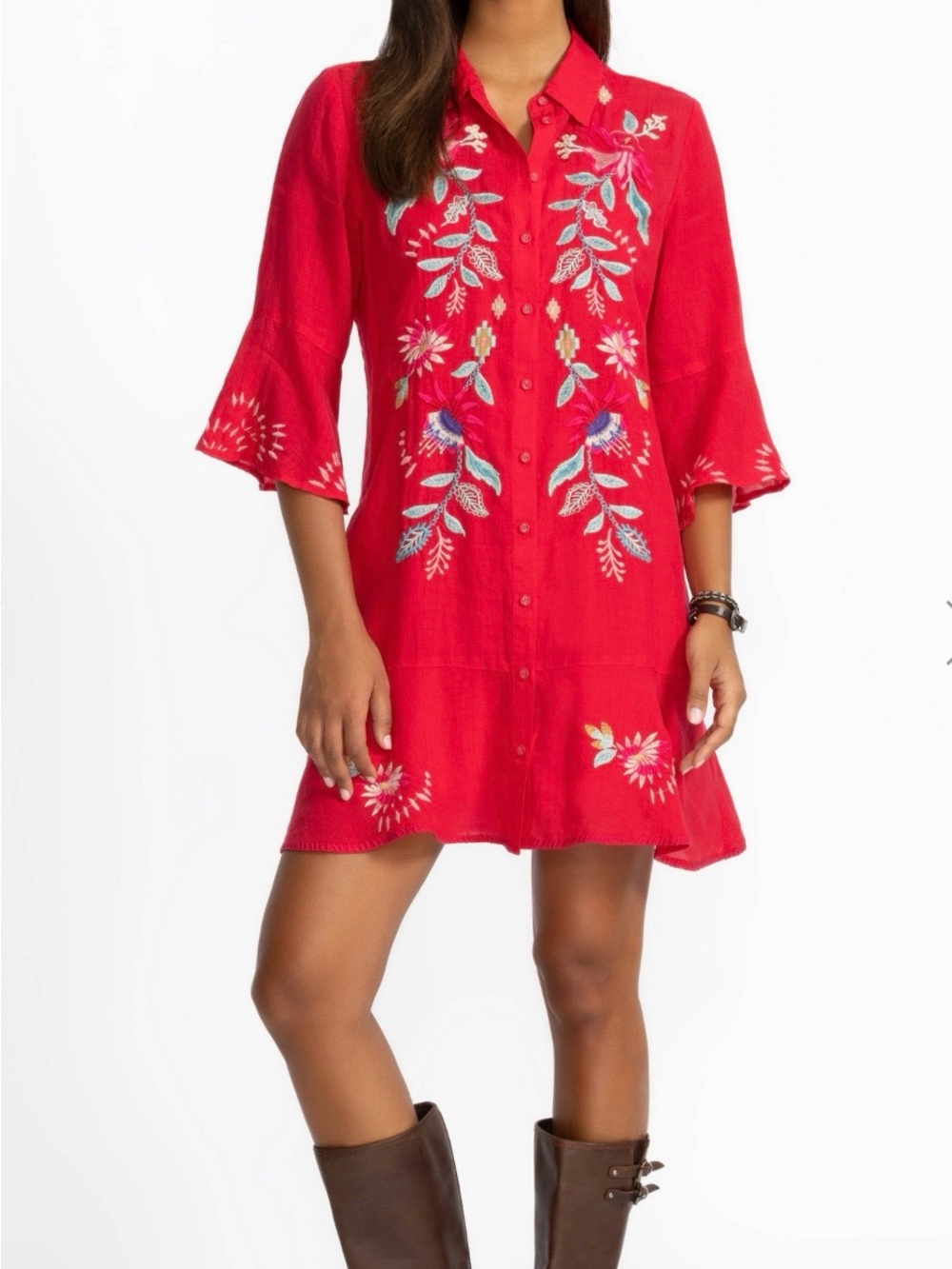 Johnny Was Talulla Floral Embroidered Dress Women’s XL Red Button Front No Slip